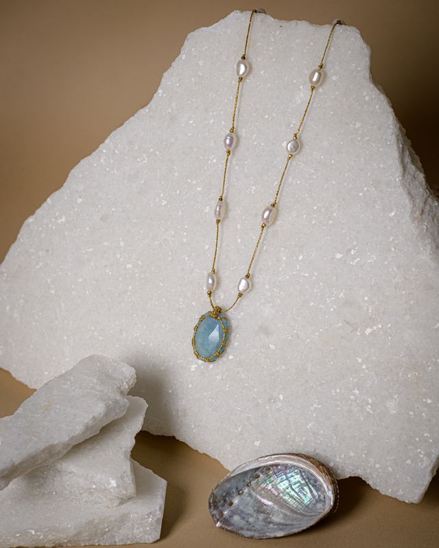Aquamarine pearl Necklace adjustable