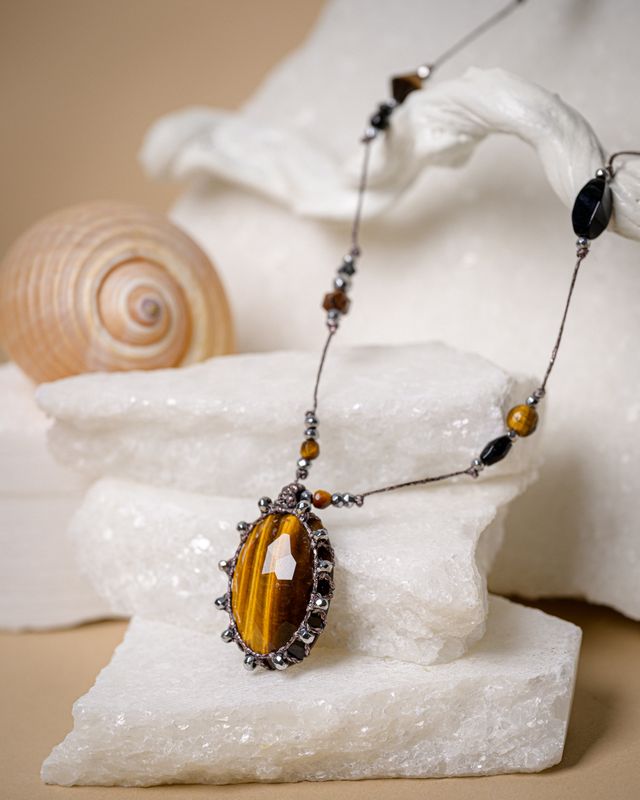 Tiger's eye silvery long adjustable necklace