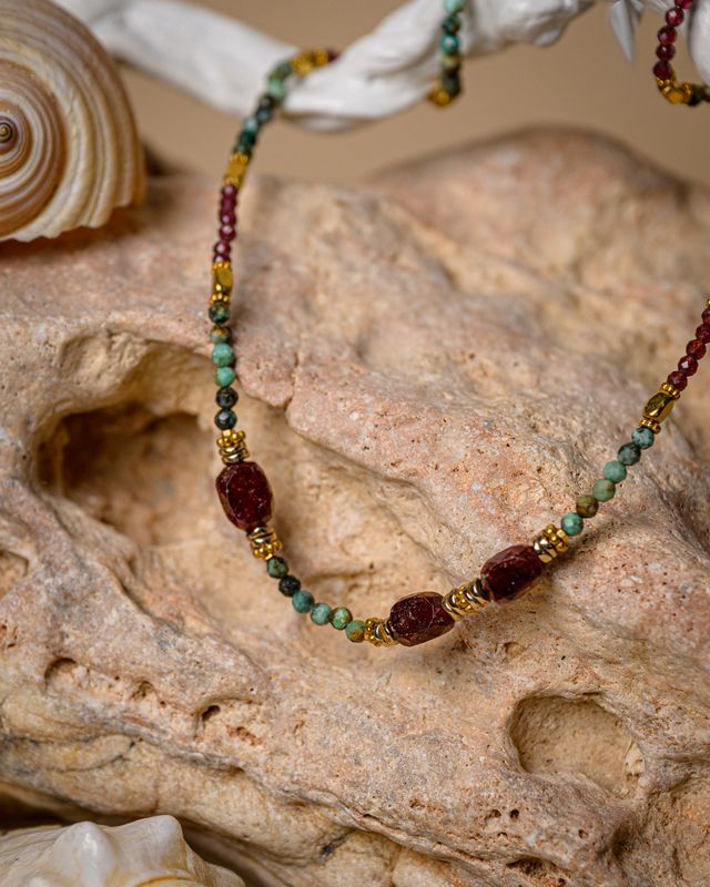 Turquoise and garnet short necklace