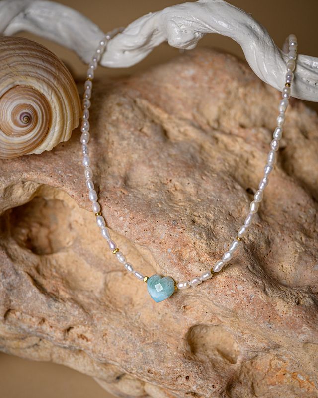 Larimar heart neckalce with irregular pearls