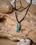 Turquoise fish with black onyx stones long necklace