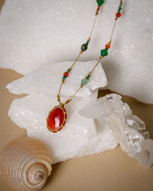 Carnelian long adjustable Necklace with green tones