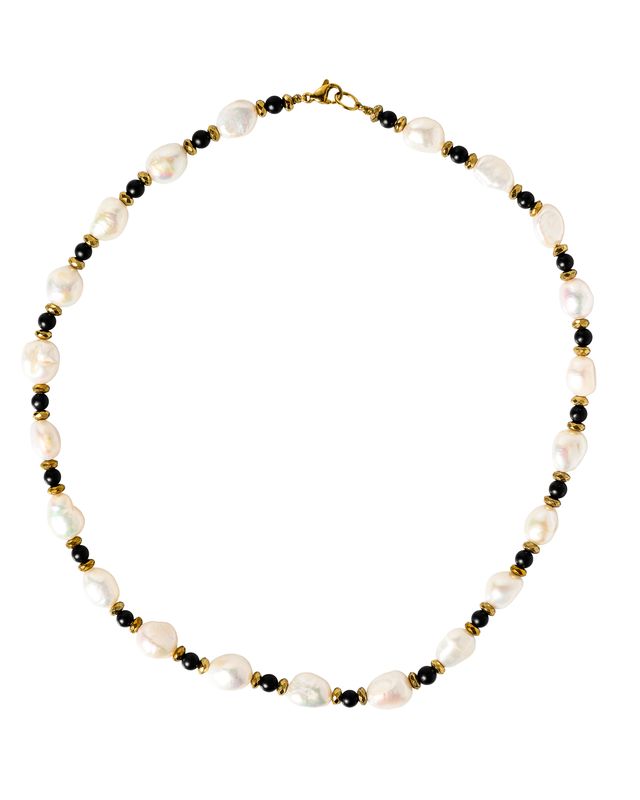 Irregular Pearl short Necklace with Black Onyx beads