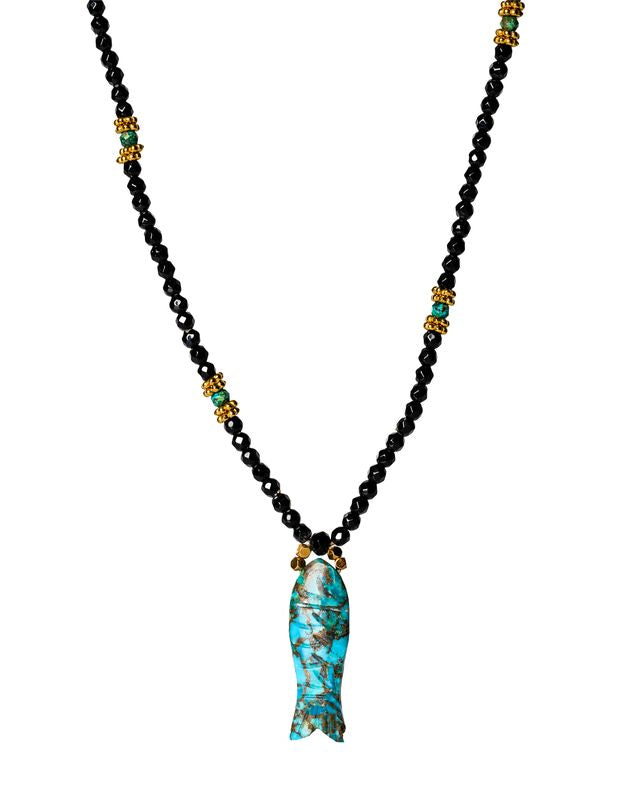 Turquoise fish with black onyx stones long necklace