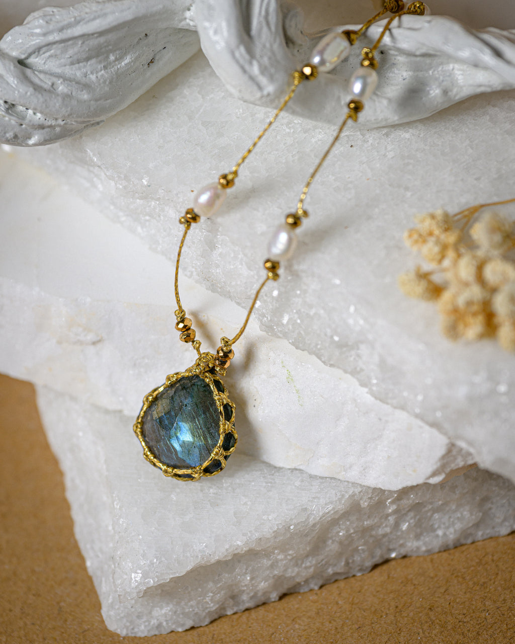 Labradorite Pearl Necklace drop shape