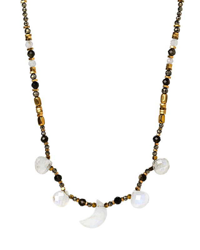Rainbow moonstone moon necklace short length