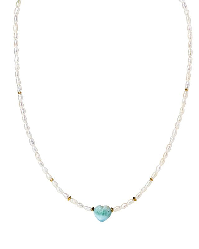 Larimar heart neckalce with irregular pearls